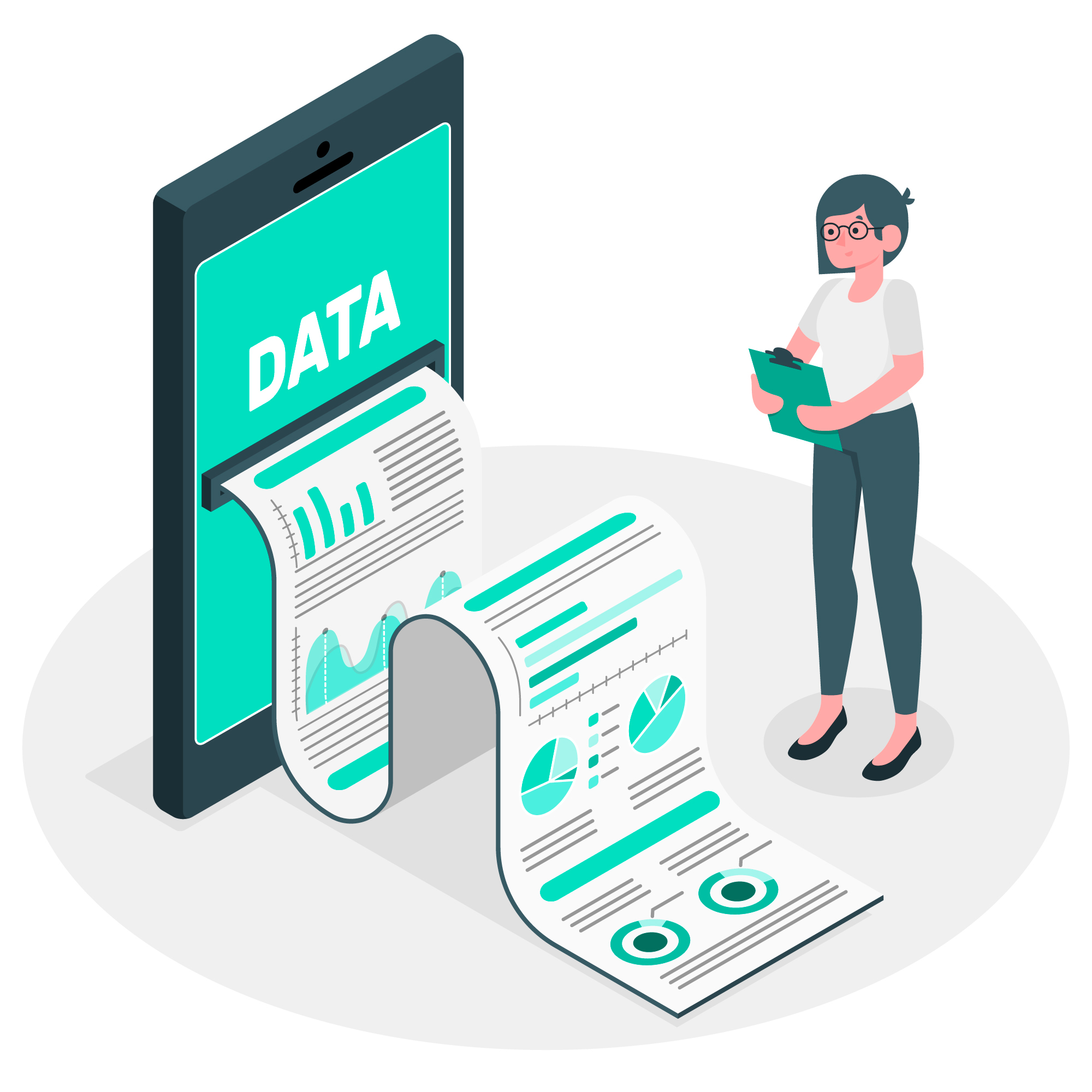 Woman in front of phone printing reports of random data graphs